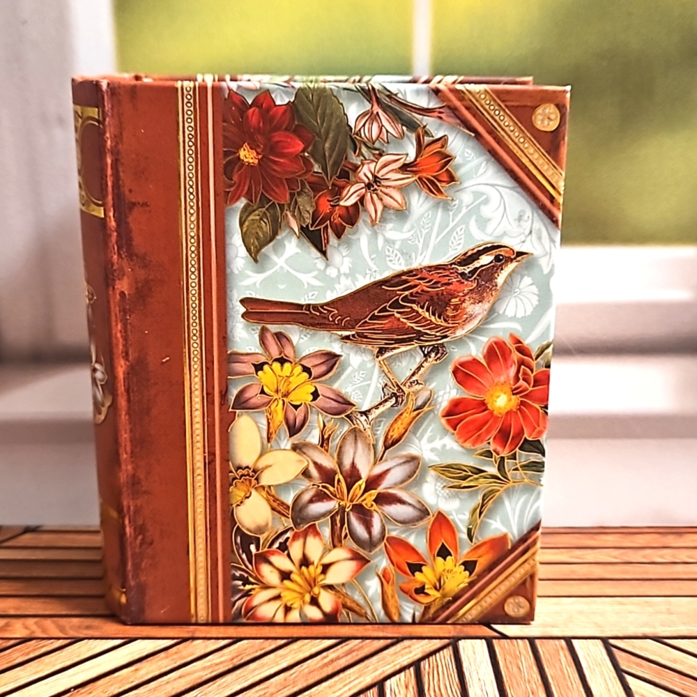PUNCH STUDIO bird flower gilded keepsake box note box faux book design unused